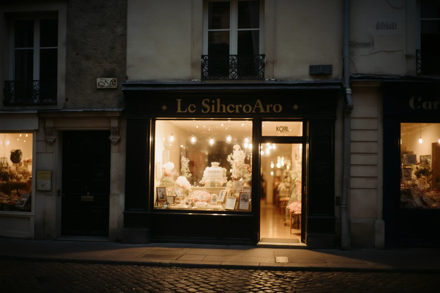 Vitrine d'un commerce de quartier le soir